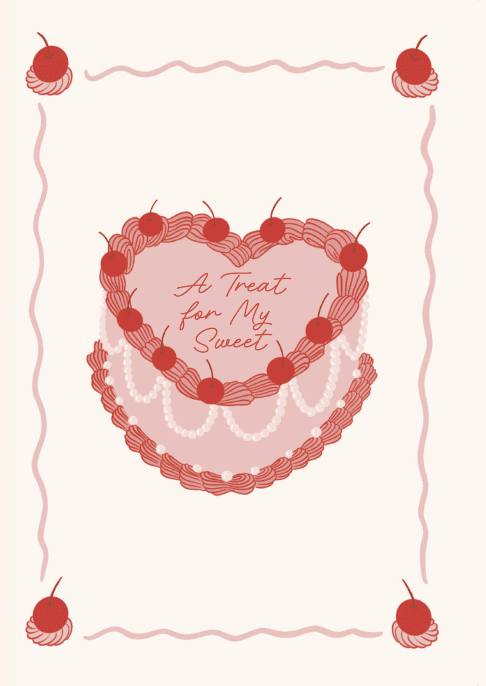 Romantic Greeting Card with Cute Cherry Heart Cake Design