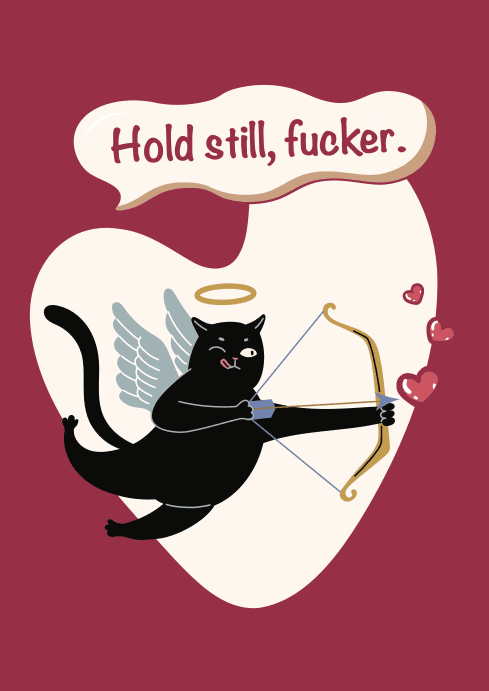 Funny Valentines Day Card Black Cat Cupid Illustration