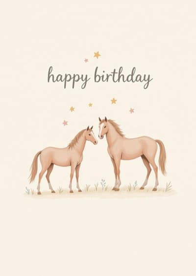 Happy Birthday Greeting Card Horses Cute Illustration
