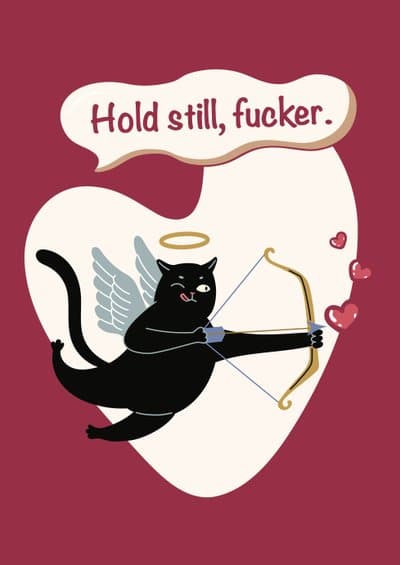 Funny Valentines Day Card Black Cat Cupid Illustration