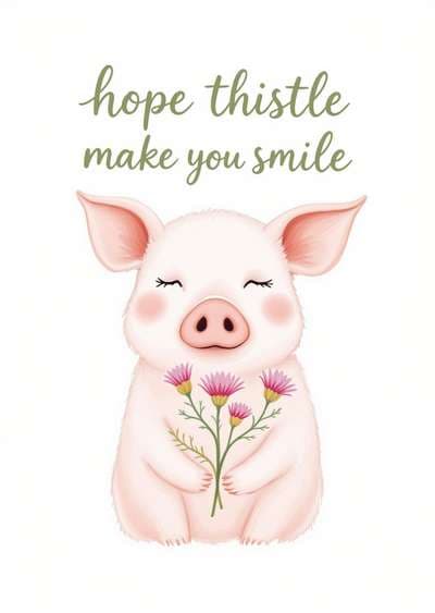 Funny Greeting Card Cute Pig with Flowers