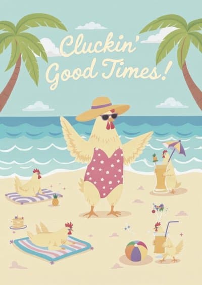Funny Chicken Beach Greeting Card Cute Summer Illustration