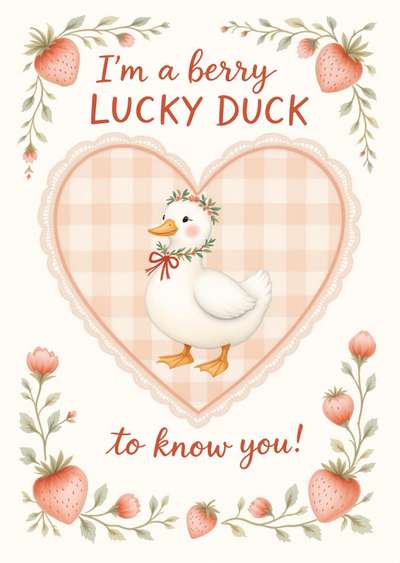 Funny Greeting Card with Cute Duck and Strawberries