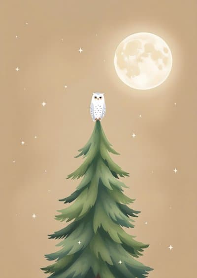 Owl Greeting Card with Moonlit Tree Illustration