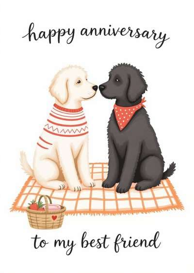 Happy Anniversary Card Cute Dogs Picnic Illustration
