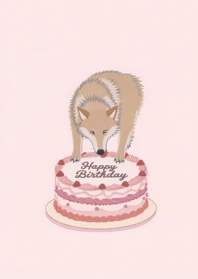 Funny Birthday Card Illustrated Wolf Cake Design