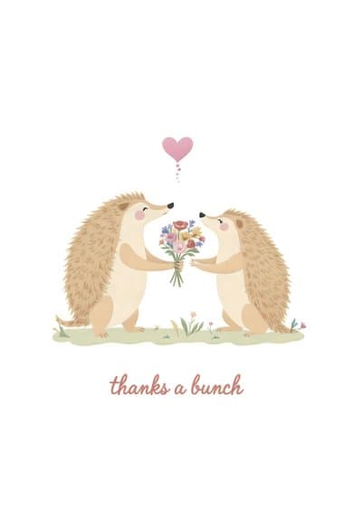 Cute Thank You Card Illustrated Hedgehogs and Flowers