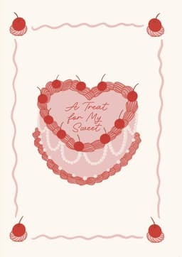 Romantic Greeting Card with Cute Cherry Heart Cake Design