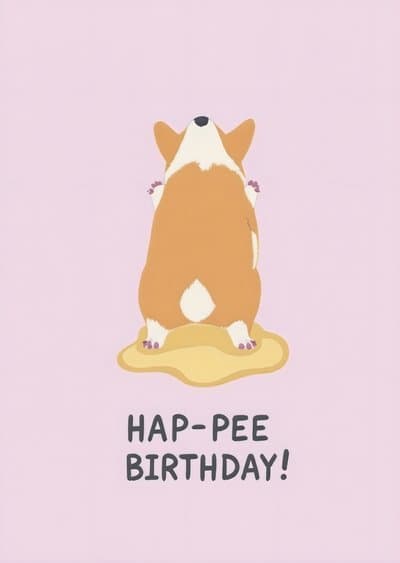 Funny Birthday Card Corgi Pee-Pee Pun Cute Illustration