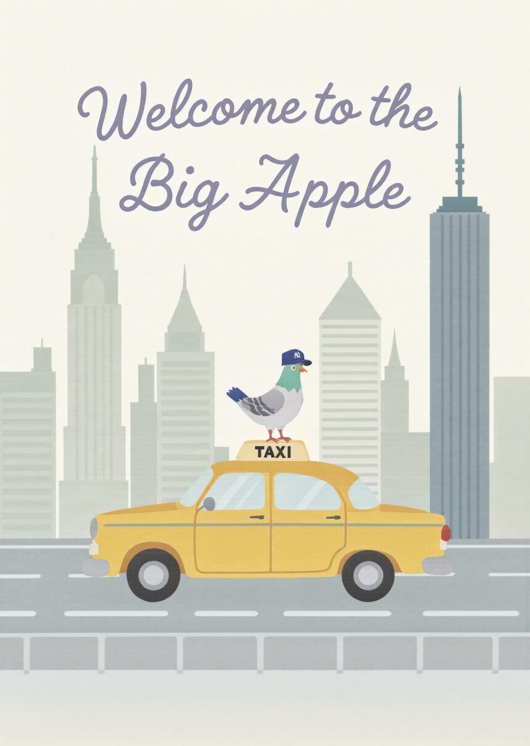 New York Greeting Card with Cute Pigeon on Taxi Design