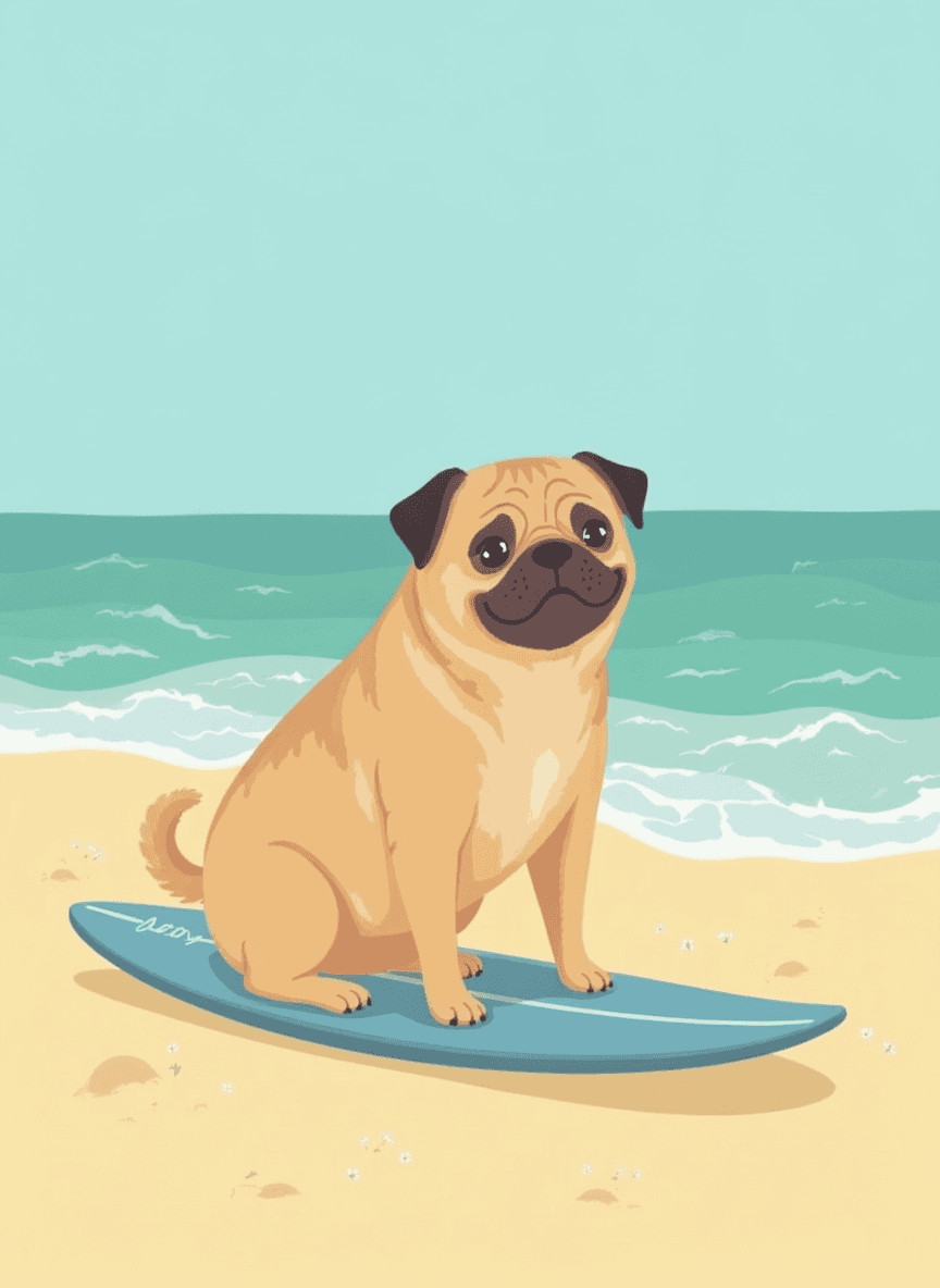 Funny Birthday Greeting Card Surfing Pug Illustration