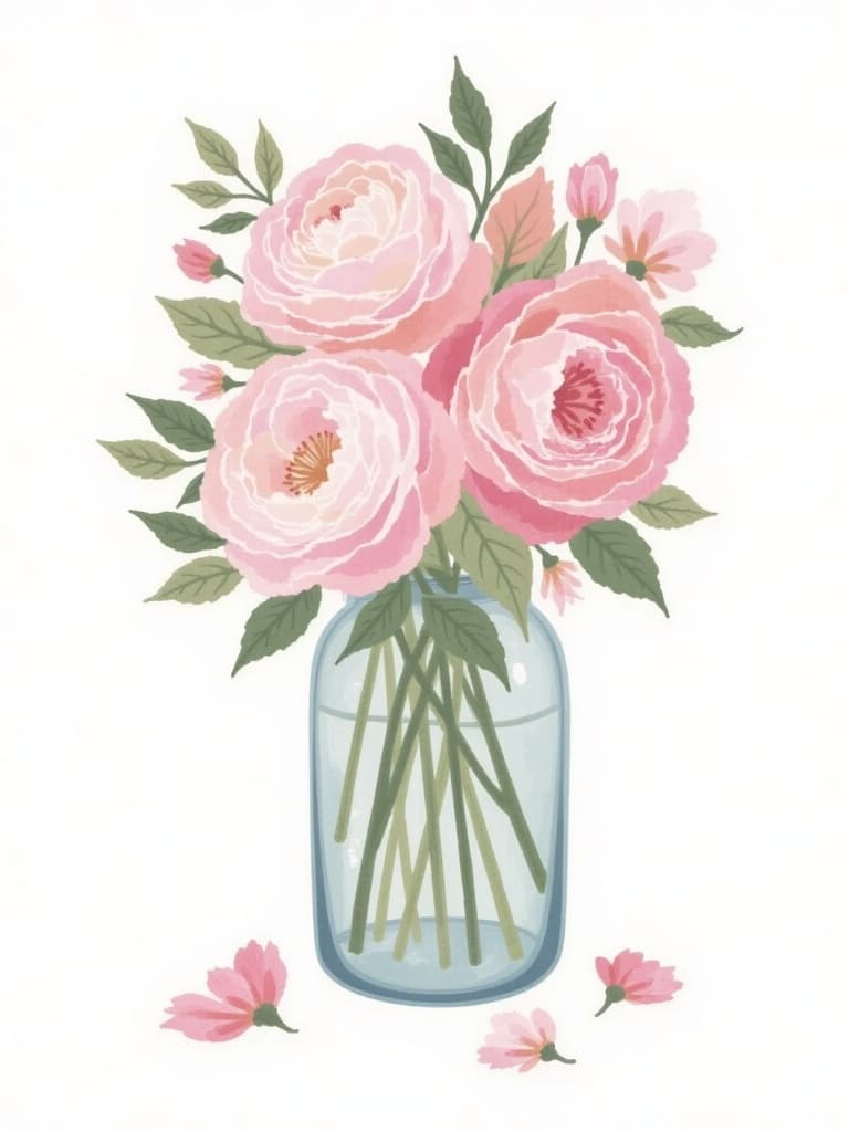 Floral Greeting Card Pink Roses in Vase Illustrated