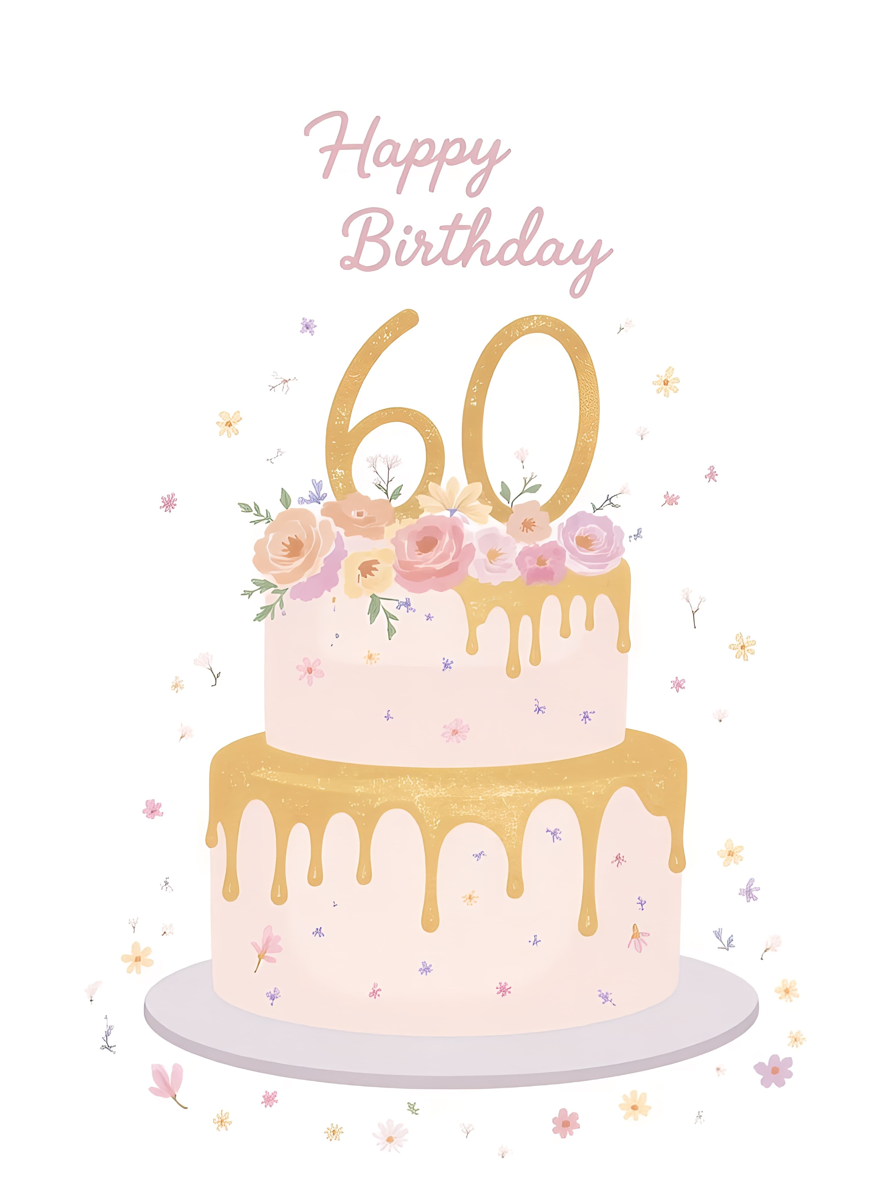 60th Birthday Greeting Card with Floral Cake Design