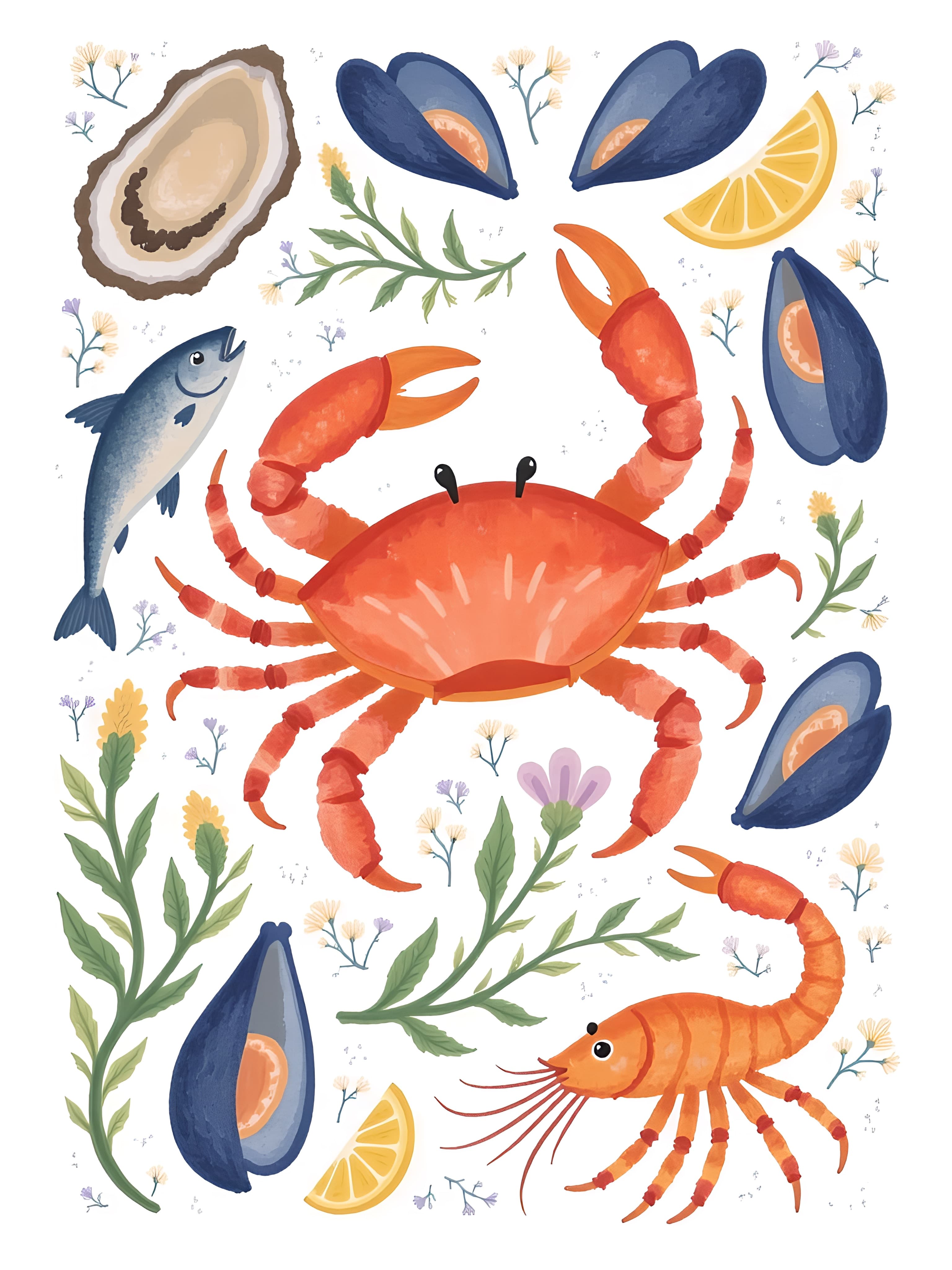 Seafood-Themed Greeting Card with Cute Crab Illustration