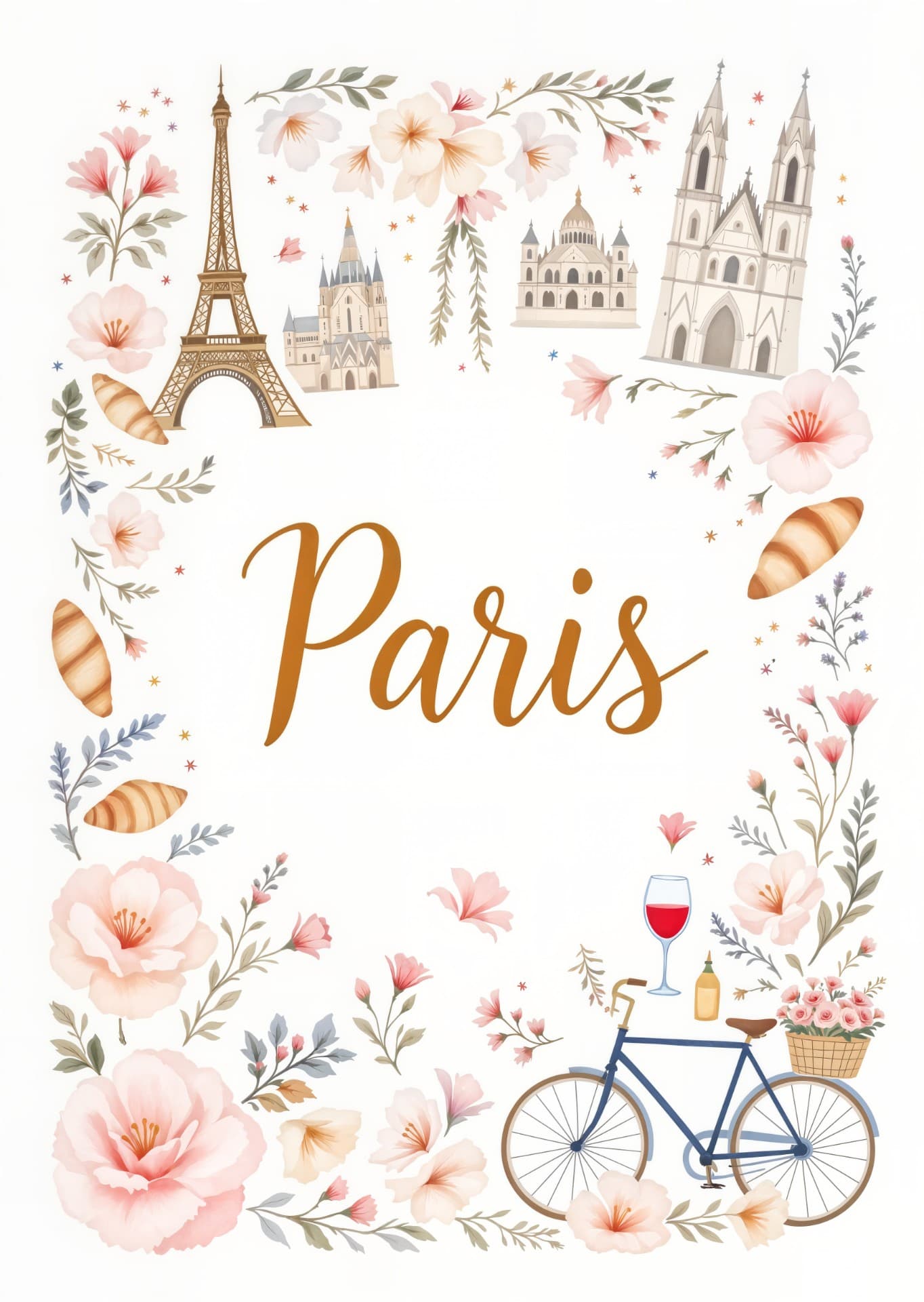 Paris Greeting Card Illustrated Eiffel Tower Bicycle Design
