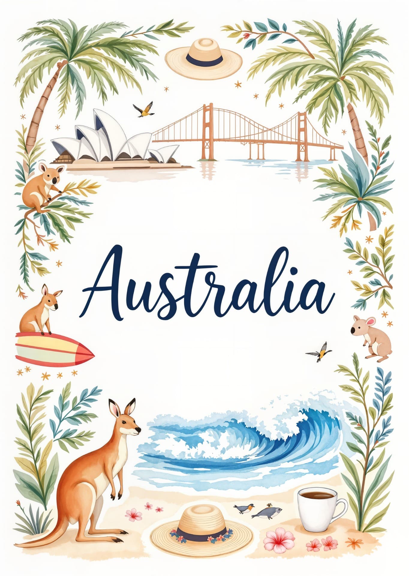 Australia Greeting Card Illustrated with Iconic Landmarks