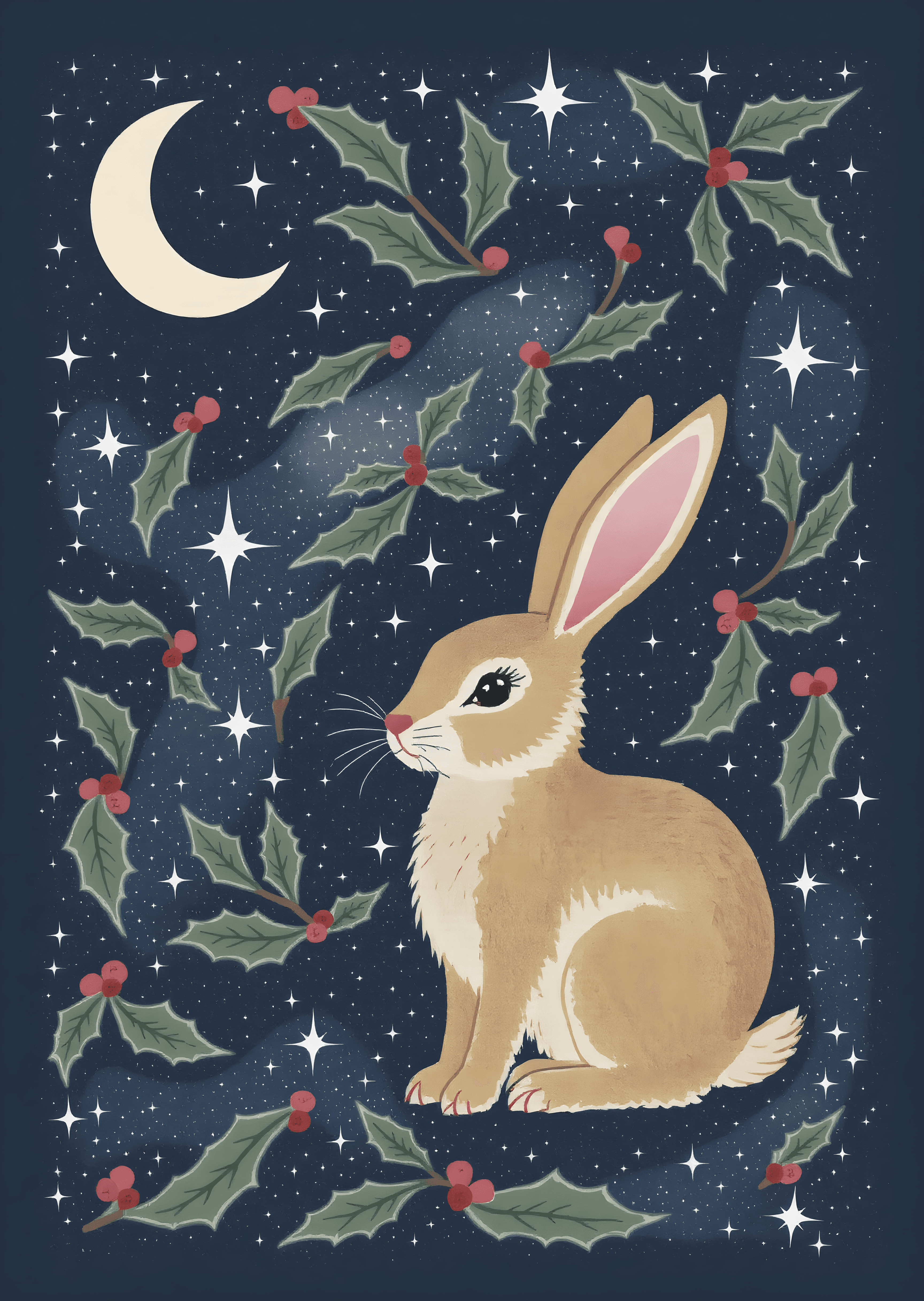 Moonlit Rabbit With Holly Card