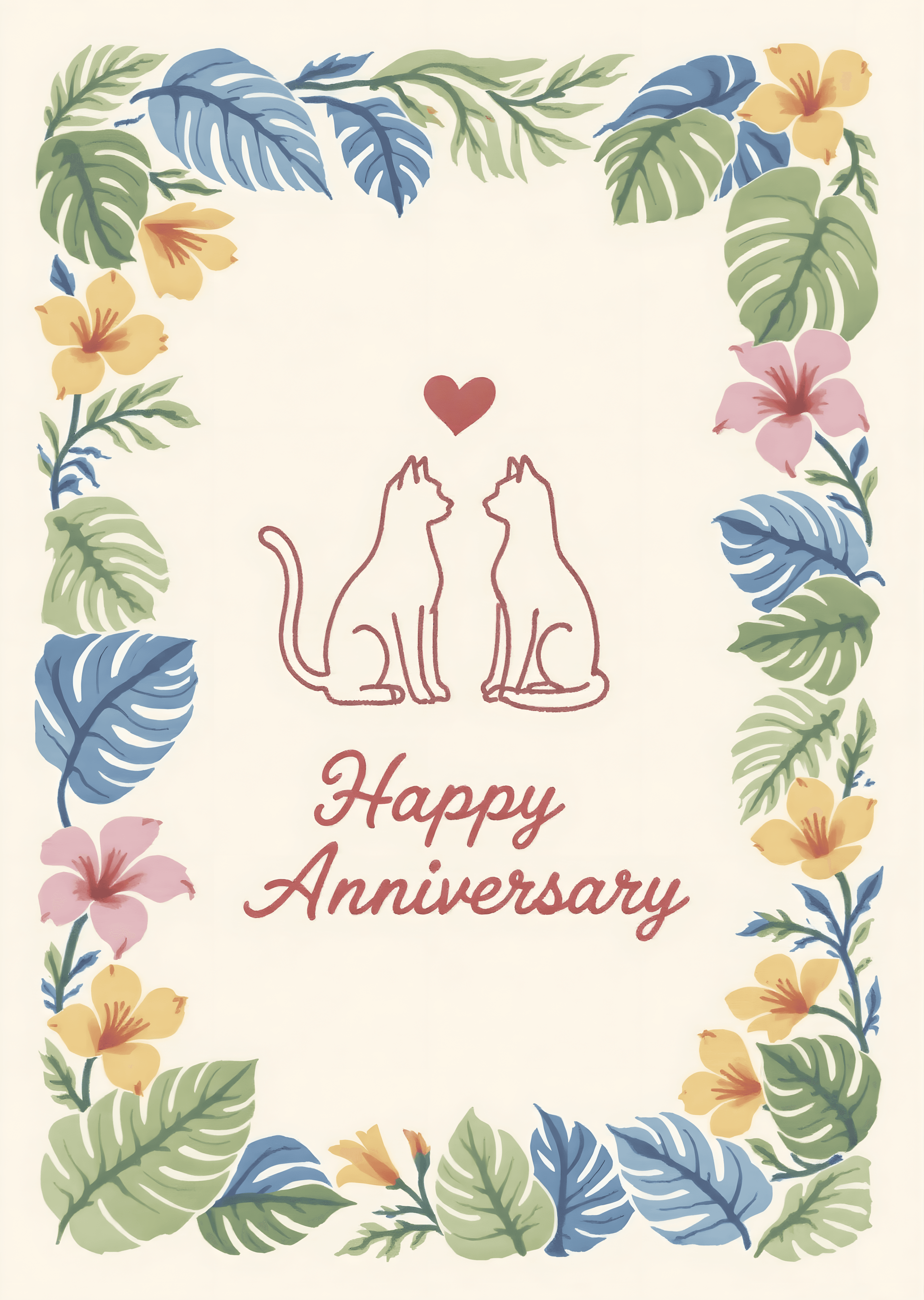 Anniversary Card Cats Floral Modern Design