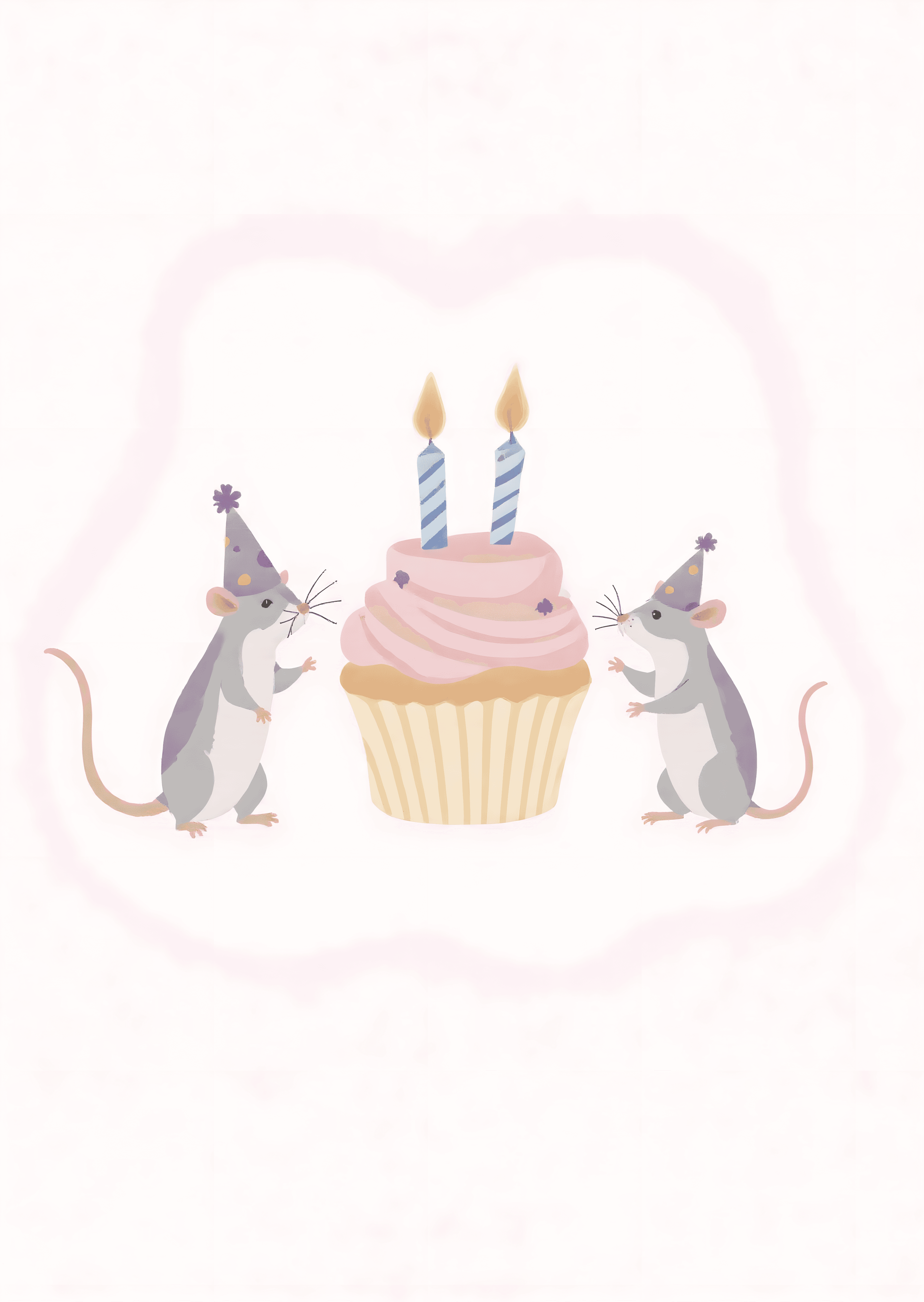 Funny Birthday Greeting Card with Cute Mice and Cupcake